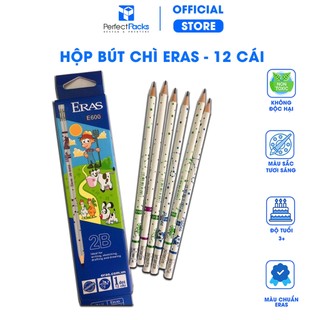 Hộp bút chì gỗ 2B 12 chiếc có tẩy mới Eras trắng xanh