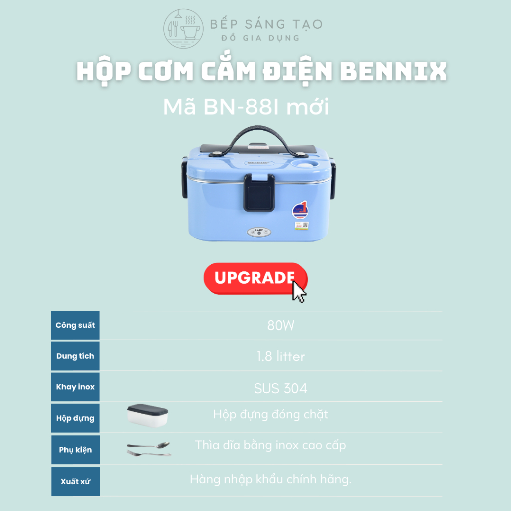 Hộp cơm cắm điện dành cho văn phòng, học sinh Bennix BN-88I, khay inox 304, công suất 80W