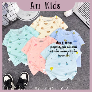 Áo cộc chất thun lạnh NHIỀU MÀU họa tiết thú đáng yêu, có cúc cài vai cho bé từ 4-14kg