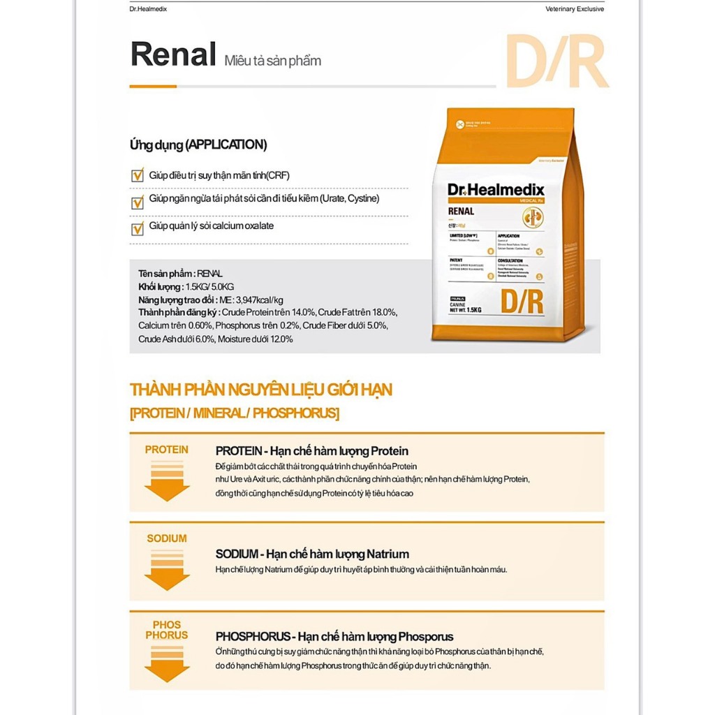 Thức Ăn Hạt Dr.Healmedix Renal Phòng Và Hỗ Trợ Bệnh Thận Cho Chó - Túi 1.5kg