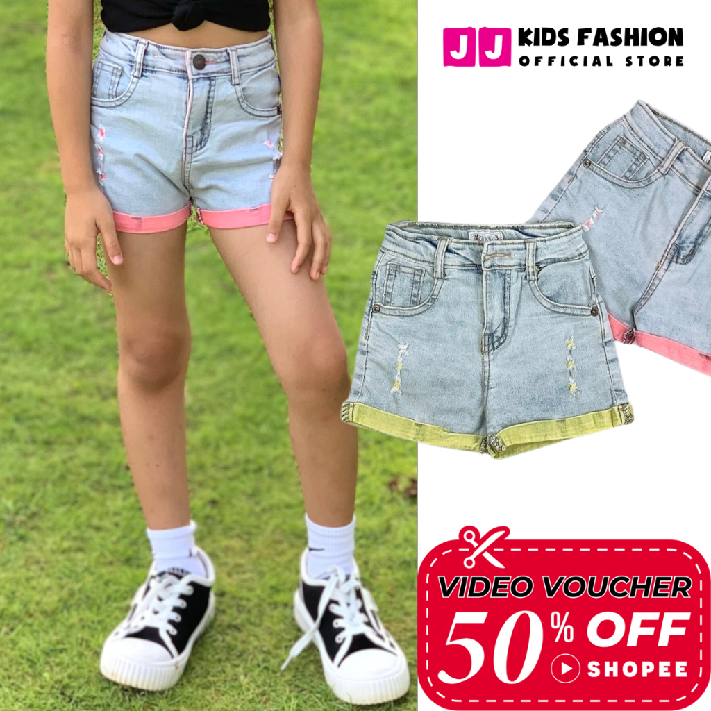 Quần jean short bé gái co giản, chỉ màu, wash rách năng động, thời trang - BST Xuân 2024  | JJ Kids