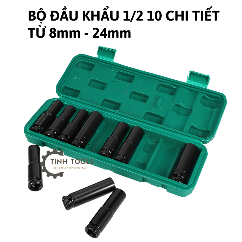 Bộ đầu khẩu, Tuýt 1/2 từ 8mm - 24mm 10 chi tiết màu xanh lá Vặn Bulong, Đầu Bulong, Đầu Điếu Mạ Crôm
