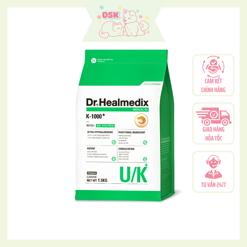 Thức Ăn Hạt Dr.Healmedix Ultra Hypoallergenic K-1000+ Cho Chó Bị Dị Ứng Viêm Da - Túi 1.5kg