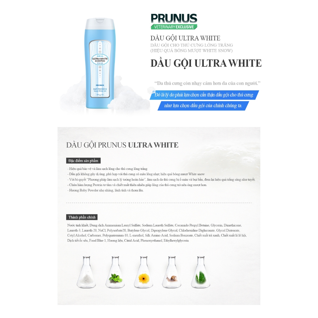 Sữa Tắm Chuyên Dụng Cho Thú Cưng Lông Trắng Prunus Ultra White Giảm Ố Vàng Lông  - Chai 500ml