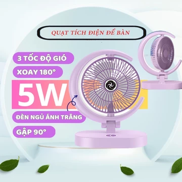 Quạt Mini Để Bàn Tích Điện, Quạt Sạc USB Quạt Tích Điện Gấp Gọn 4 Cấp Độ Gió, 3 Cấp Độ Đèn, Xoay Trái Phải 90° Hiện Đại