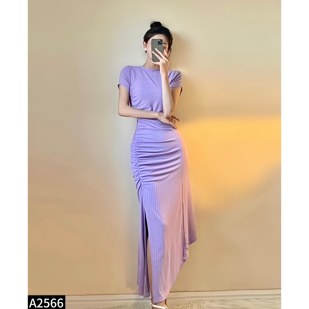 Đầm thun tăm nhún eo xẻ 1 bên hông siêu hách dáng A2566