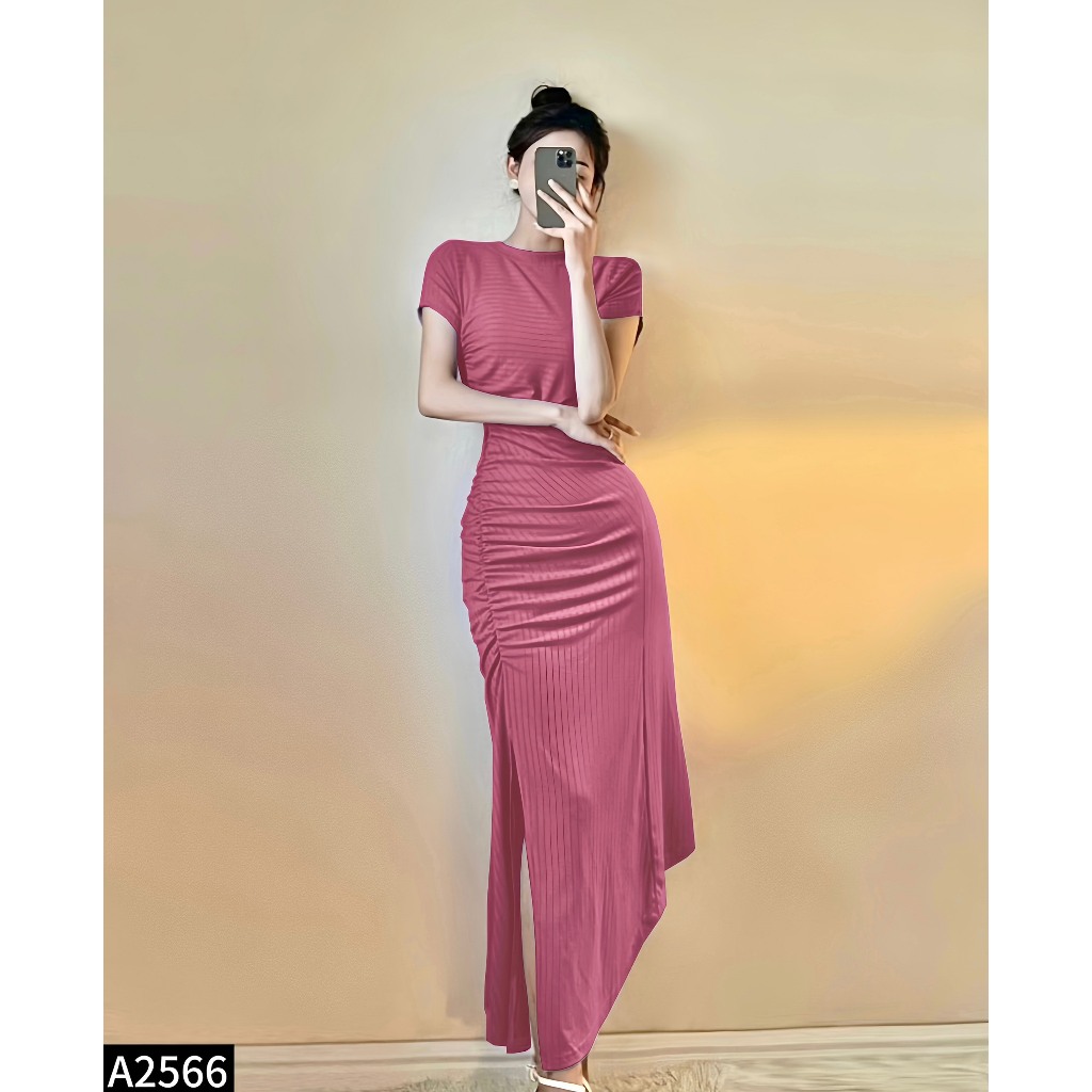 Đầm thun tăm nhún eo xẻ 1 bên hông siêu hách dáng A2566