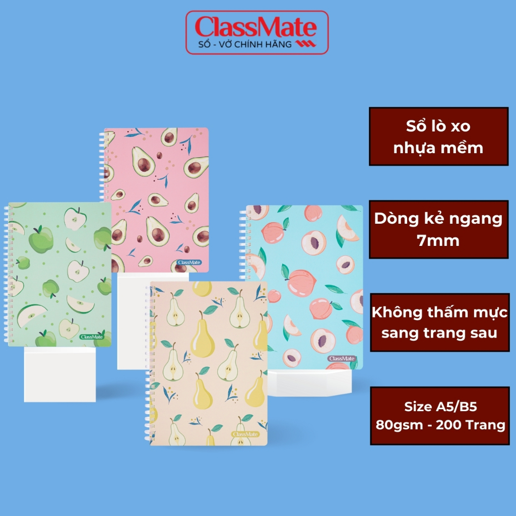 Sổ Lò Xo 200 Trang Classmate Sổ Tay Ghi Chép Kẻ Ngang 80GSM A5/B5 Lò Xo Nhựa Mềm Tỳ Lên Không Đau Tay Sổ Fruit Take Note