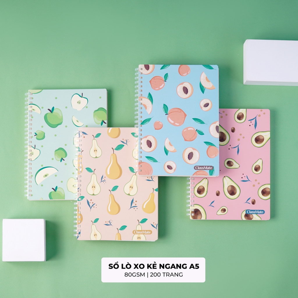 Sổ Lò Xo 200 Trang Classmate Sổ Tay Ghi Chép Kẻ Ngang 80GSM A5/B5 Lò Xo Nhựa Mềm Tỳ Lên Không Đau Tay Sổ Fruit Take Note