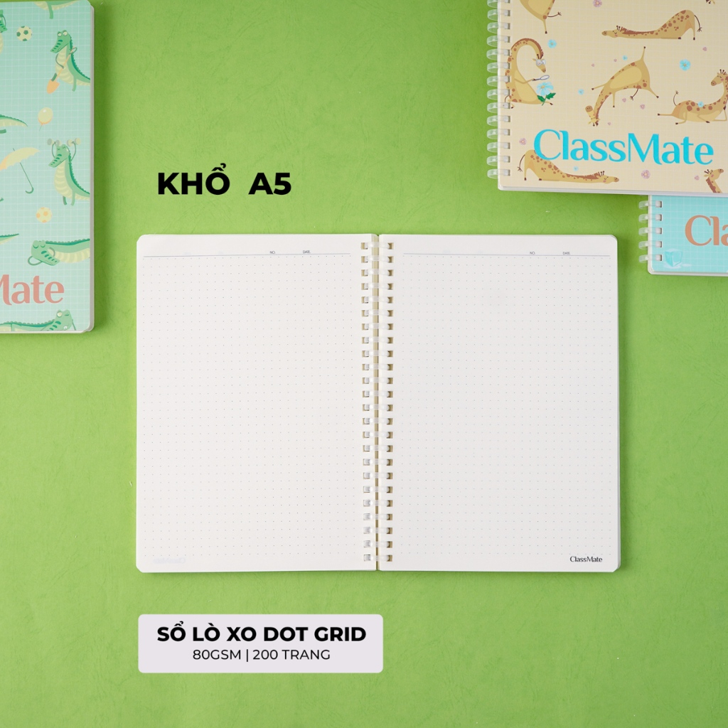 Sổ Tay Ghi Chép 200 Trang Classmate Sổ Lò Xo Nhựa Mềm Tỳ Lên Không Đau Tay Ruột Chấm Dot Grid 80GSM Sổ A5/B5 Animal