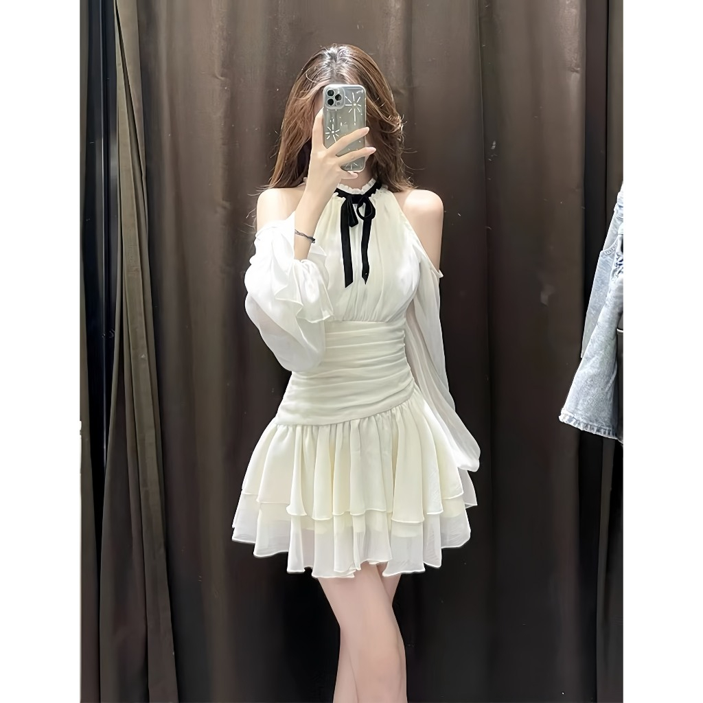 Đầm hở vai phối nơ đen chân váy xoè tầng chất voan 2 lớp, váy liền thân dáng xoè có đai eo tiểu thư HV118