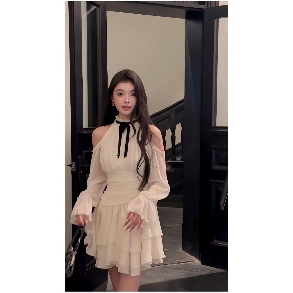 Đầm hở vai phối nơ đen chân váy xoè tầng chất voan 2 lớp, váy liền thân dáng xoè có đai eo tiểu thư HV118
