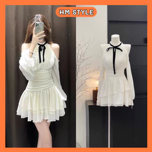 Đầm hở vai phối nơ đen chân váy xoè tầng chất voan 2 lớp, váy liền thân dáng xoè có đai eo tiểu thư HV118