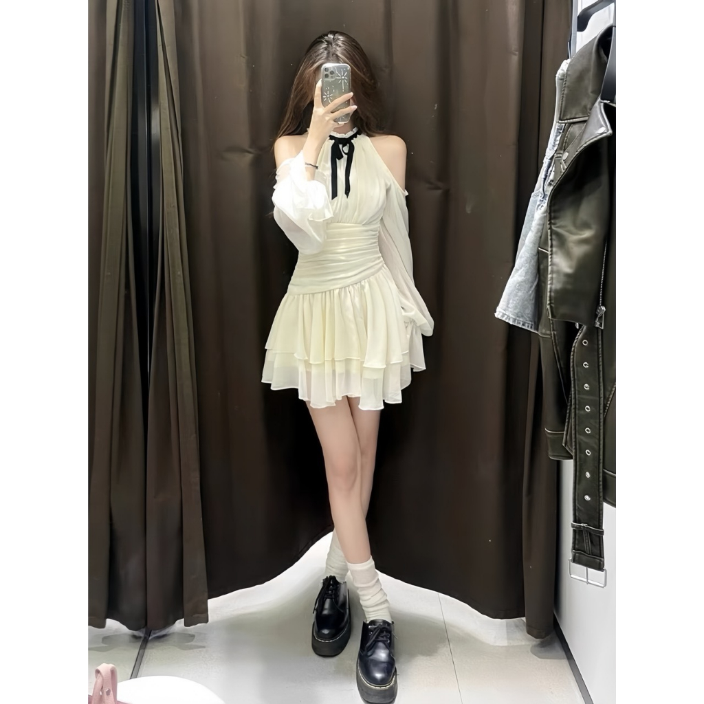 Đầm hở vai phối nơ đen chân váy xoè tầng chất voan 2 lớp, váy liền thân dáng xoè có đai eo tiểu thư HV118