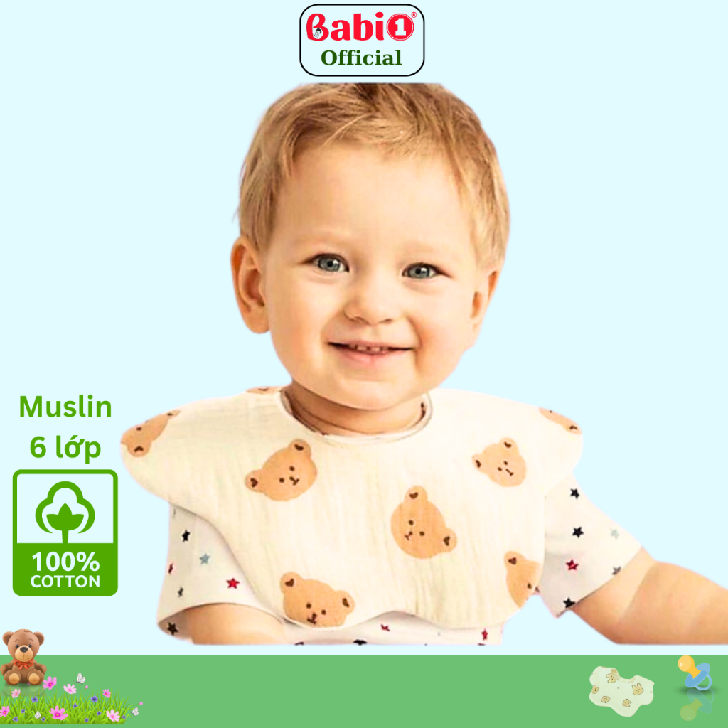 Yếm Ăn Dặm Babi 1 Xô Muslin 6 Lớp Cotton Tự Nhiên Khuy Bấm