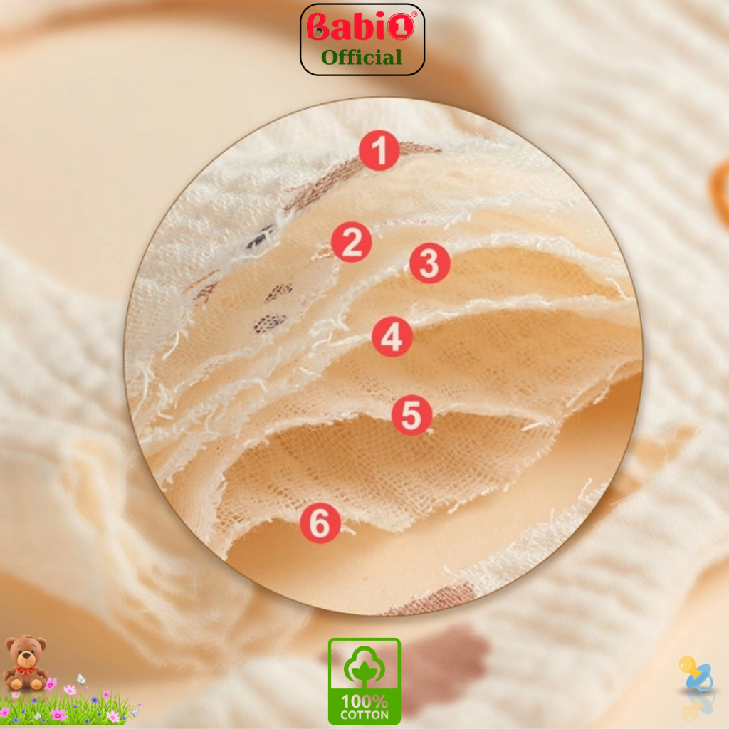 Yếm Ăn Dặm Babi 1 Xô Muslin 6 Lớp Cotton Tự Nhiên Khuy Bấm