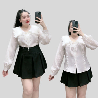 Áo Sơ Mi Kiểu Nữ CÓ BIGSIZE Cổ Tiểu Thư Tay Dài Phồng Nhấn Bèo Dễ Thương 50-100kg SM146