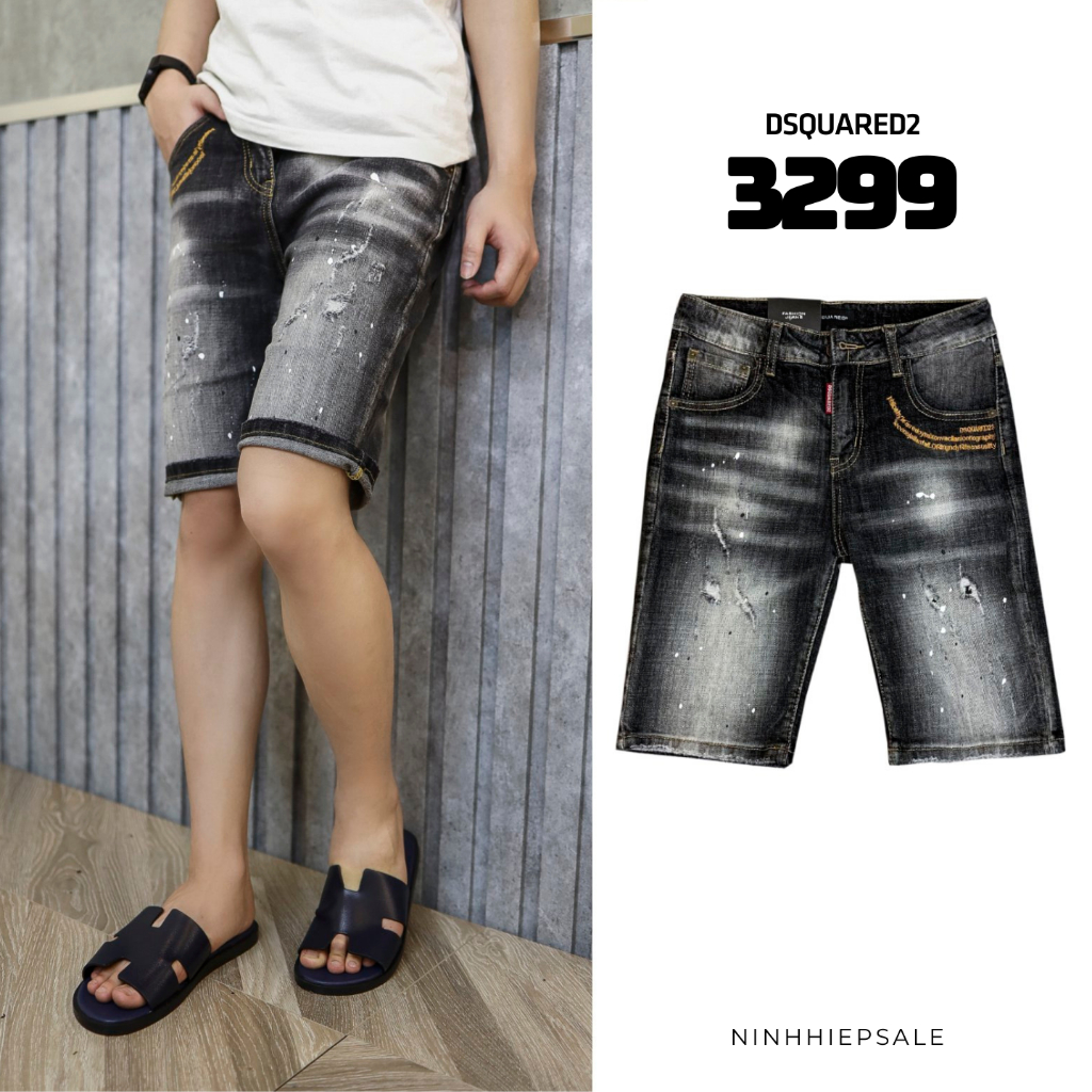Quần sooc jeans DSQ nam đen wash trắng vảy sơn hàng Quảng Châu