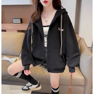 Áo Khoác Nỉ Nữ Form Rộng Thêu Chữ Có 2 Dây Rút Chất Vải POLY Da Ngoại Nón To 2 Lớp
