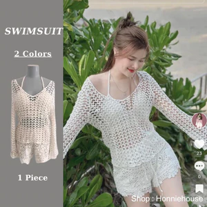 𝙃𝙤𝙣𝙣𝙞𝙚𝙝𝙤𝙪𝙨𝙚-Set bikini len sợi đi biển 3 món áo bra lượn sóng mix quần sooc ren cạp chun kèm áo choàng cổ tim đi biển