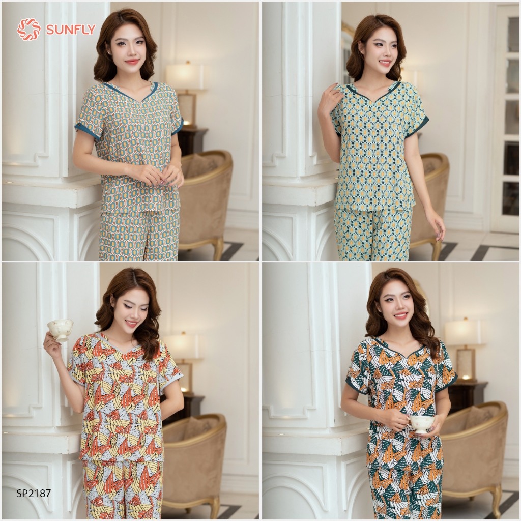 Ảnh Đồ bộ mặc nhà nữ SUNFLY chất lanh lụa họa tiết áo cộc quần ngố SP2187 2