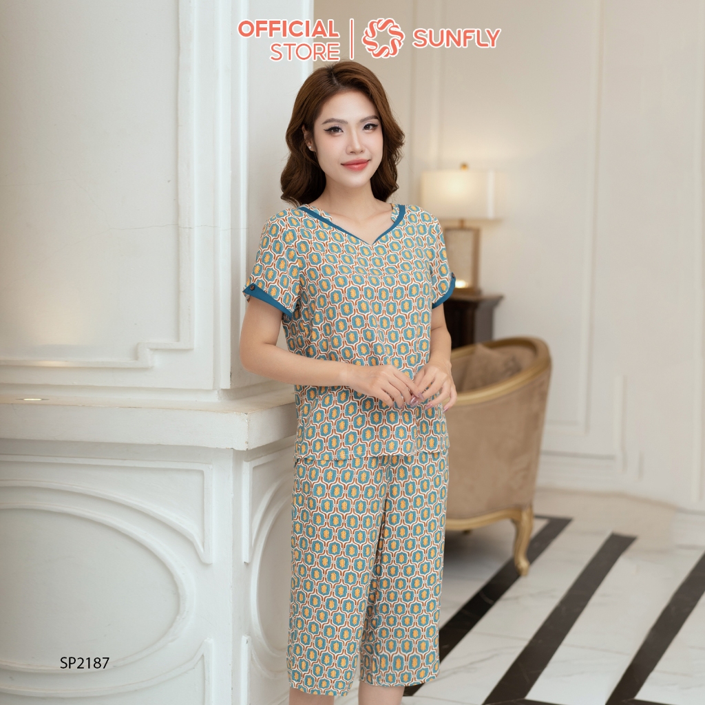 Ảnh Đồ bộ mặc nhà nữ SUNFLY chất lanh lụa họa tiết áo cộc quần ngố SP2187 4