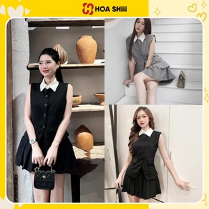 Set gile sát nách phối cổ áo sơ mi mix chân váy xếp ly, áo blazer sát nách mix chân váy sang chảnh