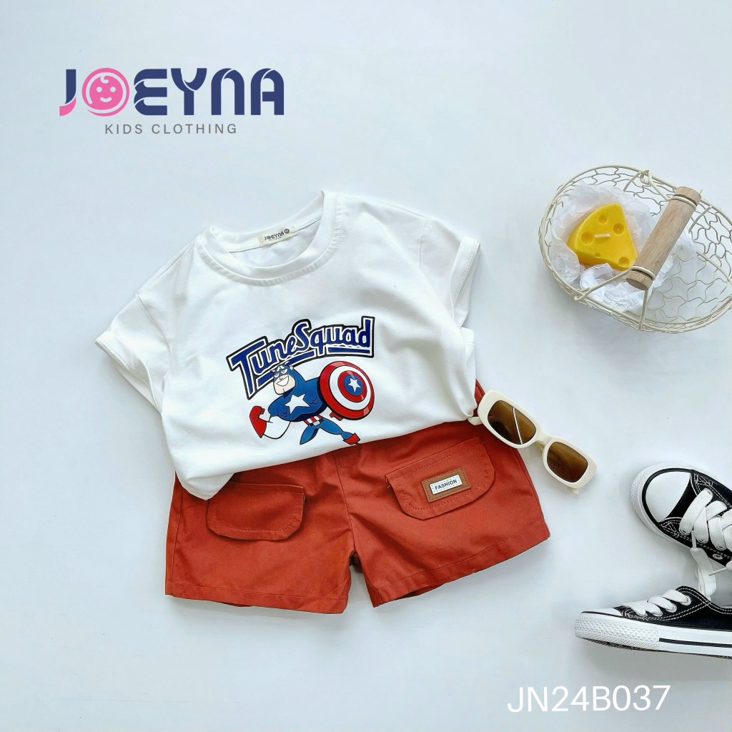 Bộ cotton in hoạ tiết siêu nhân phối quần kaki cho bé, bộ thun cộc tay cổ tròn in hoạ tiết siêu nhân