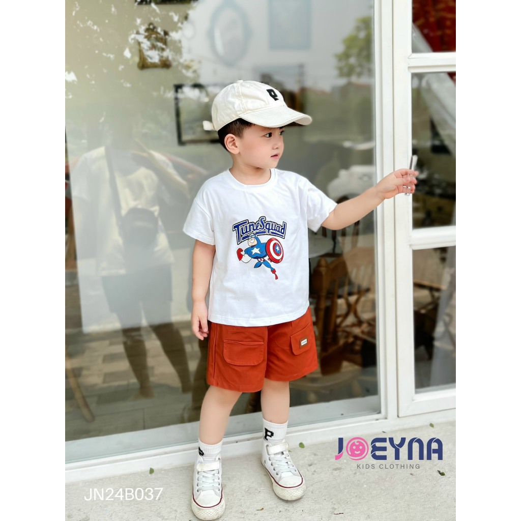 Bộ cotton in hoạ tiết siêu nhân phối quần kaki cho bé, bộ thun cộc tay cổ tròn in hoạ tiết siêu nhân
