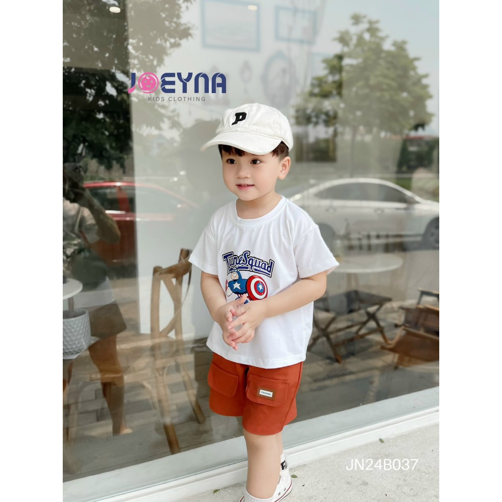Bộ cotton in hoạ tiết siêu nhân phối quần kaki cho bé, bộ thun cộc tay cổ tròn in hoạ tiết siêu nhân
