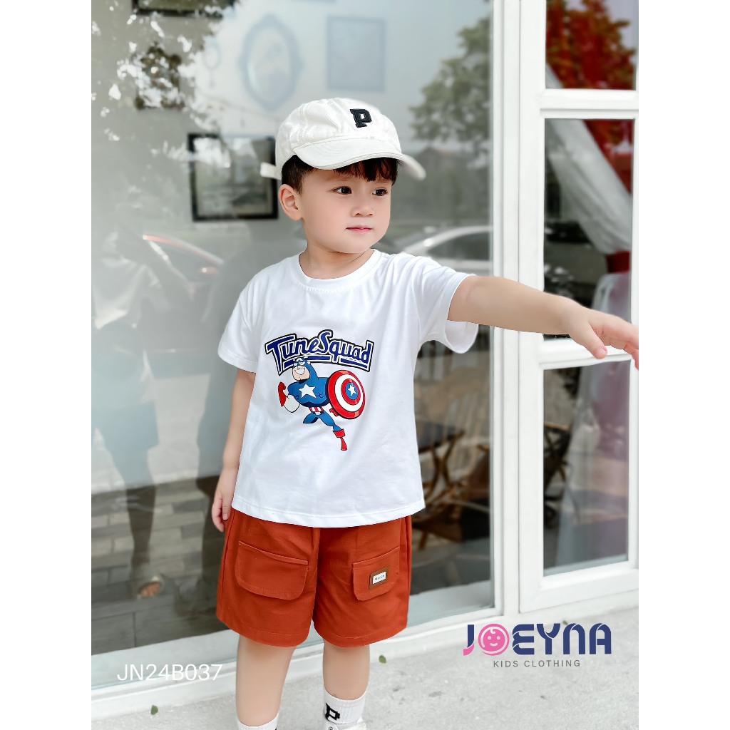 Bộ cotton in hoạ tiết siêu nhân phối quần kaki cho bé, bộ thun cộc tay cổ tròn in hoạ tiết siêu nhân
