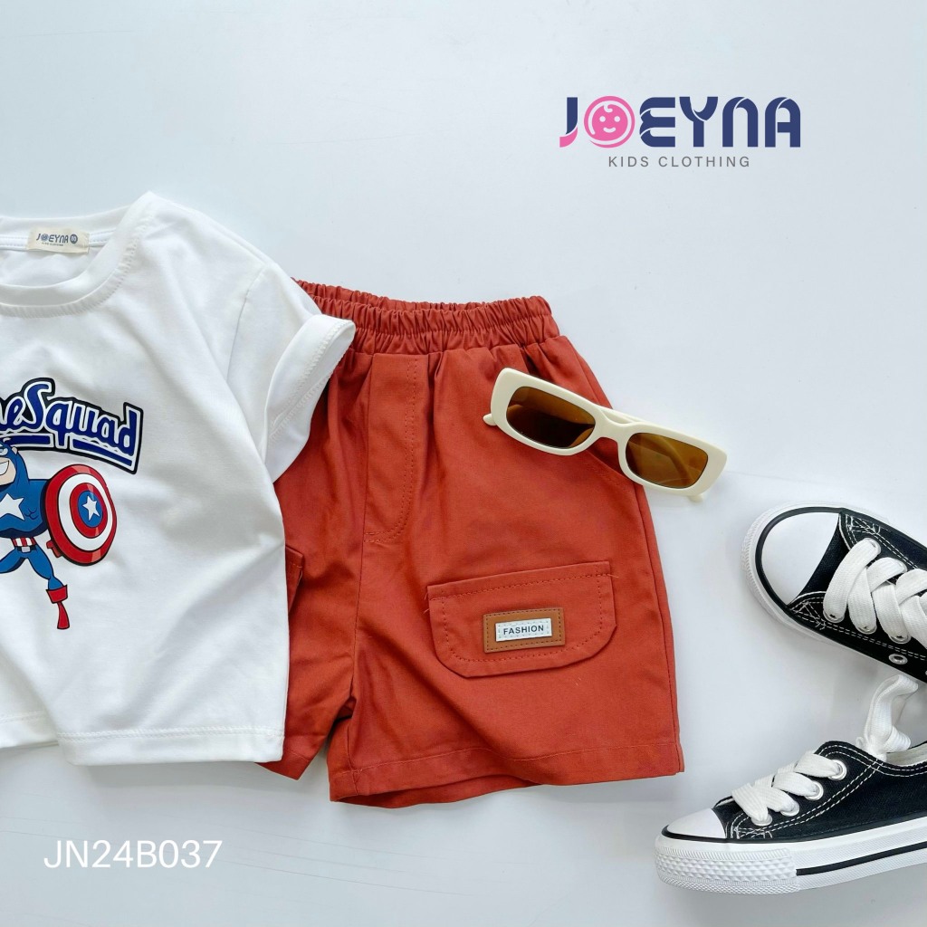 Bộ cotton in hoạ tiết siêu nhân phối quần kaki cho bé, bộ thun cộc tay cổ tròn in hoạ tiết siêu nhân