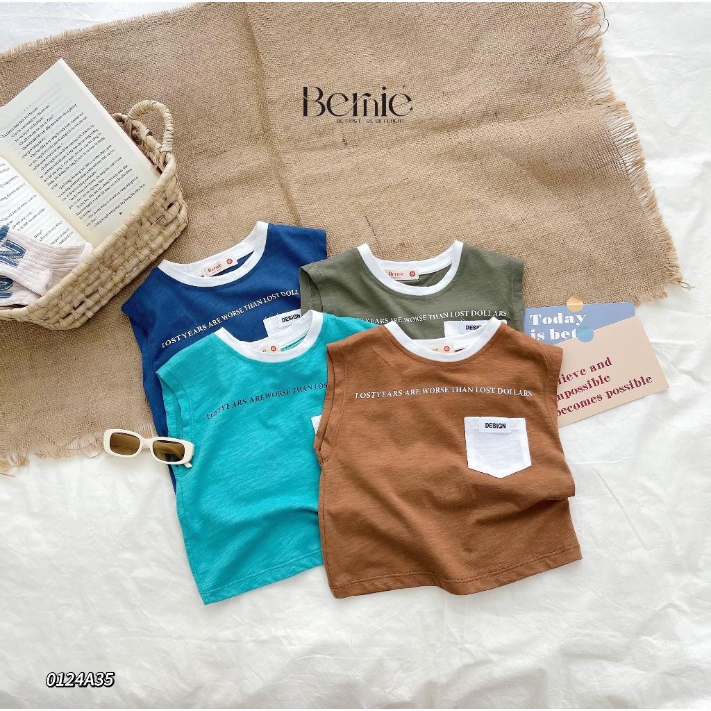 Áo cotton xước ba lỗ cánh rơi bé trai, áo thun cổ tròn ba lỗ phối túi mềm mát cho bé
