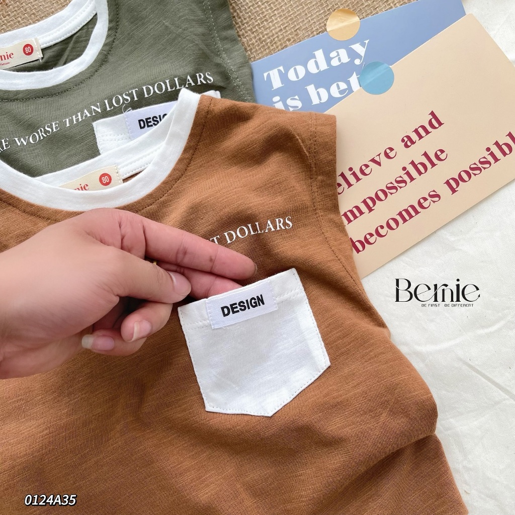 Áo cotton xước ba lỗ cánh rơi bé trai, áo thun cổ tròn ba lỗ phối túi mềm mát cho bé