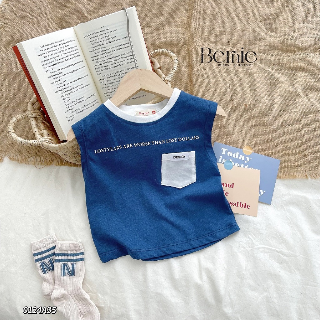 Áo cotton xước ba lỗ cánh rơi bé trai, áo thun cổ tròn ba lỗ phối túi mềm mát cho bé