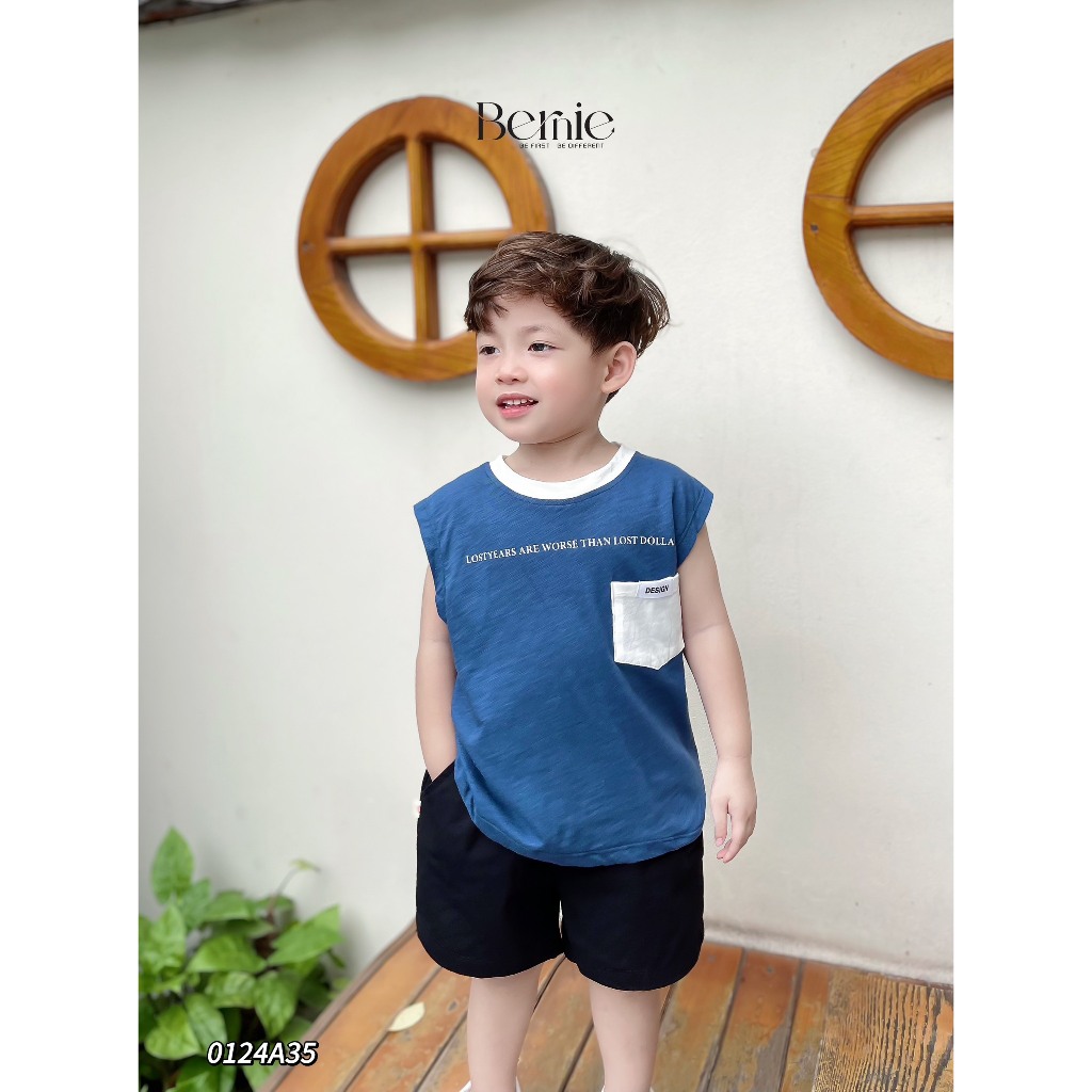 Áo cotton xước ba lỗ cánh rơi bé trai, áo thun cổ tròn ba lỗ phối túi mềm mát cho bé