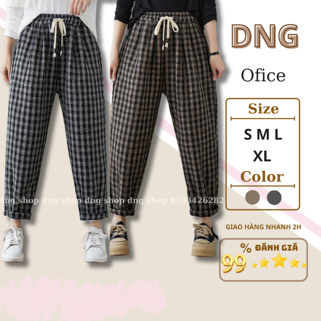 Quần Baggy Nữ ĐẸp Lưng Cạp Cao Dạ KẺ Caro,Quần Dài Thụng Kẻ Xám-Kẻ Nâu Lưng Thun Dây Rút cao cấp hàn quốc DNG