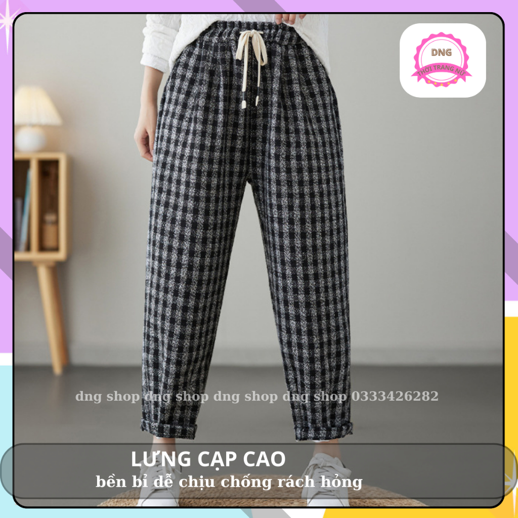 Quần Baggy Nữ ĐẸp Lưng Cạp Cao Dạ KẺ Caro,Quần Dài Thụng Kẻ Xám-Kẻ Nâu Lưng Thun Dây Rút cao cấp hàn quốc DNG