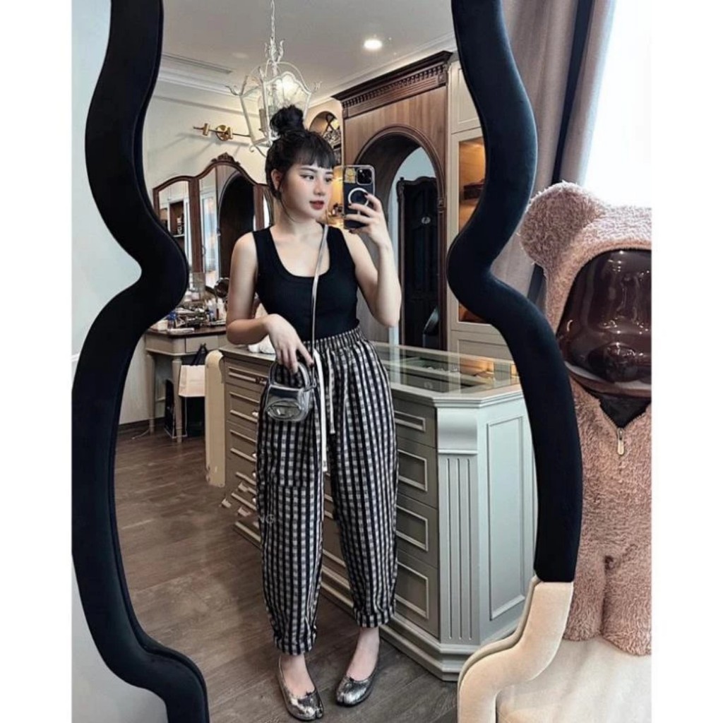 Quần Baggy Nữ ĐẸp Lưng Cạp Cao Dạ KẺ Caro,Quần Dài Thụng Kẻ Xám-Kẻ Nâu Lưng Thun Dây Rút cao cấp hàn quốc DNG