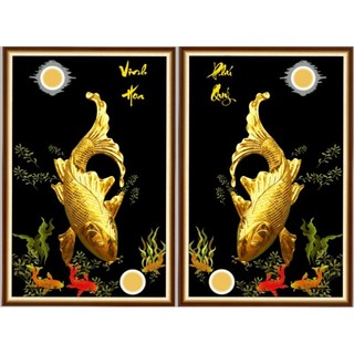 Tranh Lý Ngư Vọng Nguyệt, tranh cá chép, tranh 3D dán tường phòng khách in trên chất liệu vải lụa(shop tặng kèm keo dán)