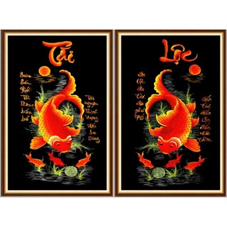 Tranh Lý Ngư Vọng Nguyệt, tranh cá chép, tranh 3D dán tường phòng khách in trên chất liệu vải lụa(shop tặng kèm keo dán)
