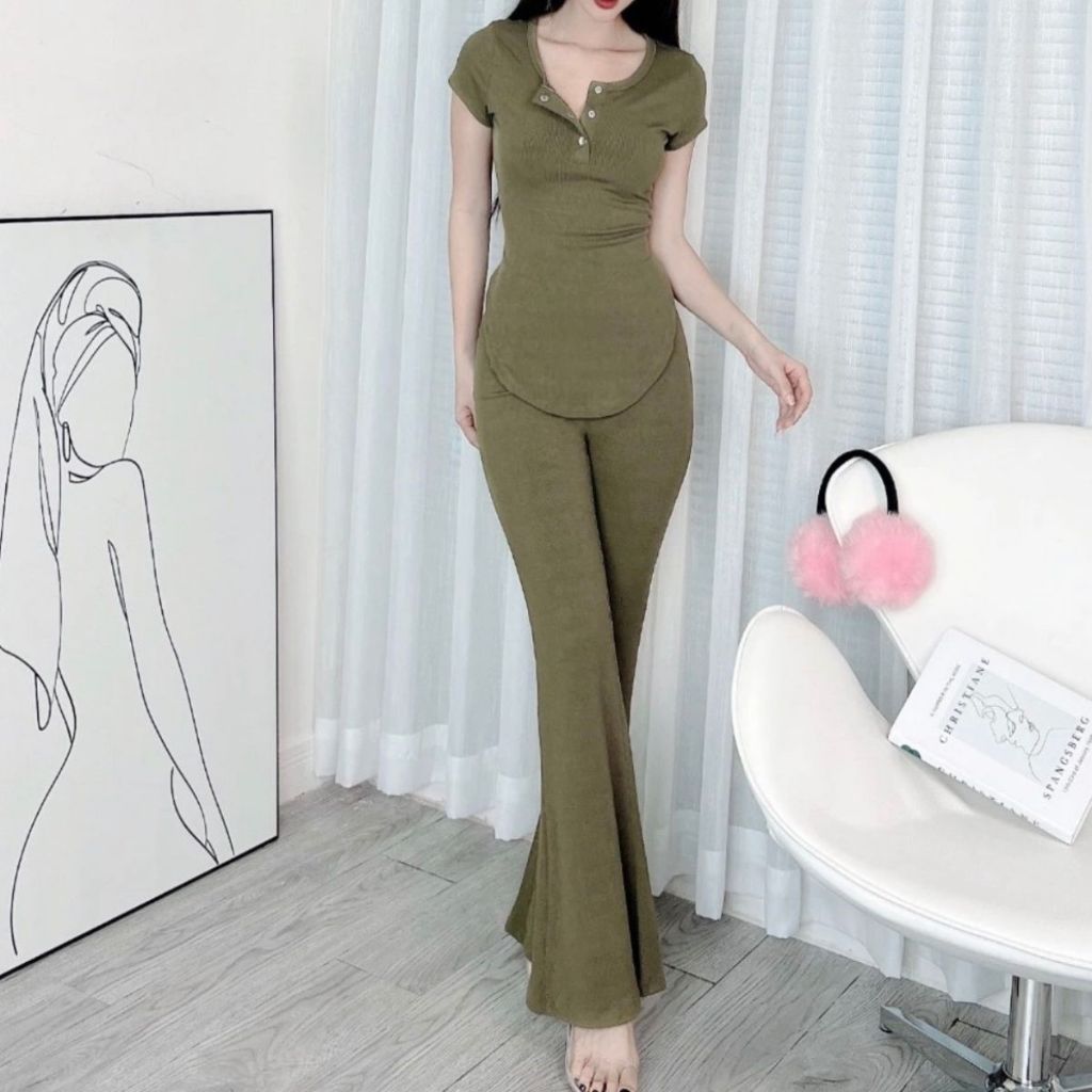 Set Bigsize Đồ Bộ Nữ Quần Ống Loe Mặc Hè ESHOP Đồ Mặc Nhà Quần Dài Áo Tay Ngắn Xinh Set Bộ Đẹp BL68