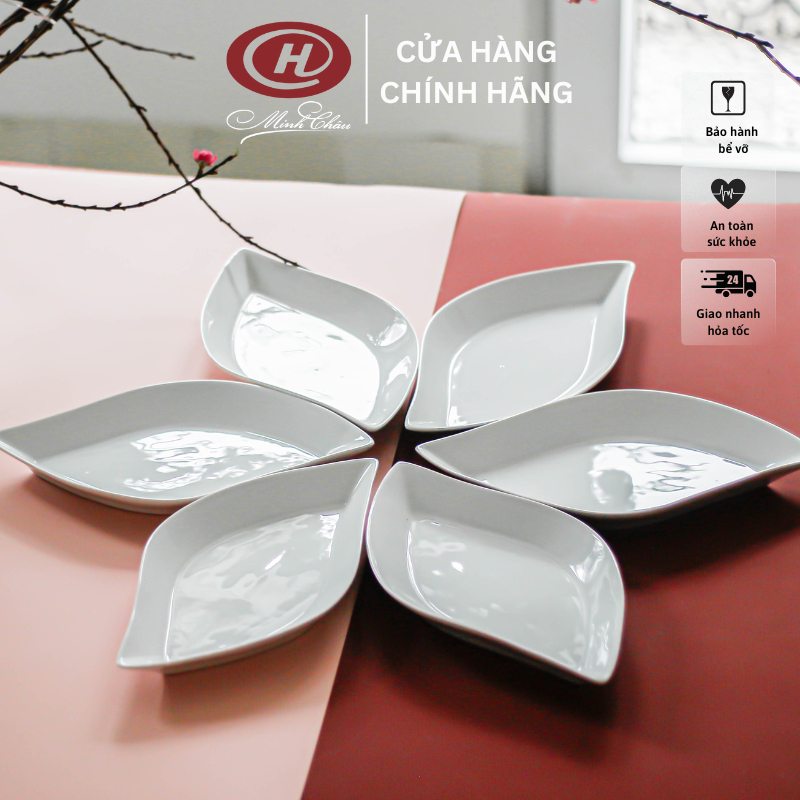 Bộ 6 Đĩa Trang Trí Hình Lá Trắng Trơn - Sứ Minh Châu - DLA30