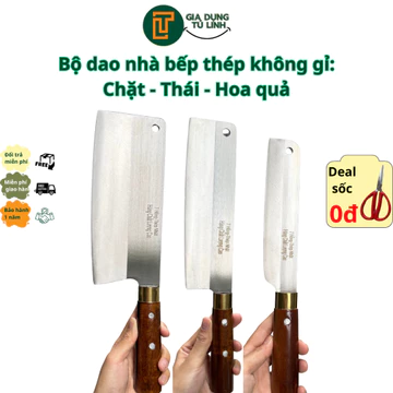 Bộ dao nhà bếp: Dao chặt xương, Dao thái thịt to, Dao gọt hoa quả thép trắng không gỉ - Dao làng nghề Đa Sỹ