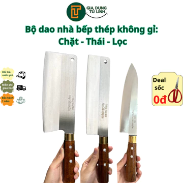 Bộ dao nhà bếp: Dao chặt, Dao thái to, Dao lọc - Thép trắng không gỉ - Dao làng nghề Đa Sỹ