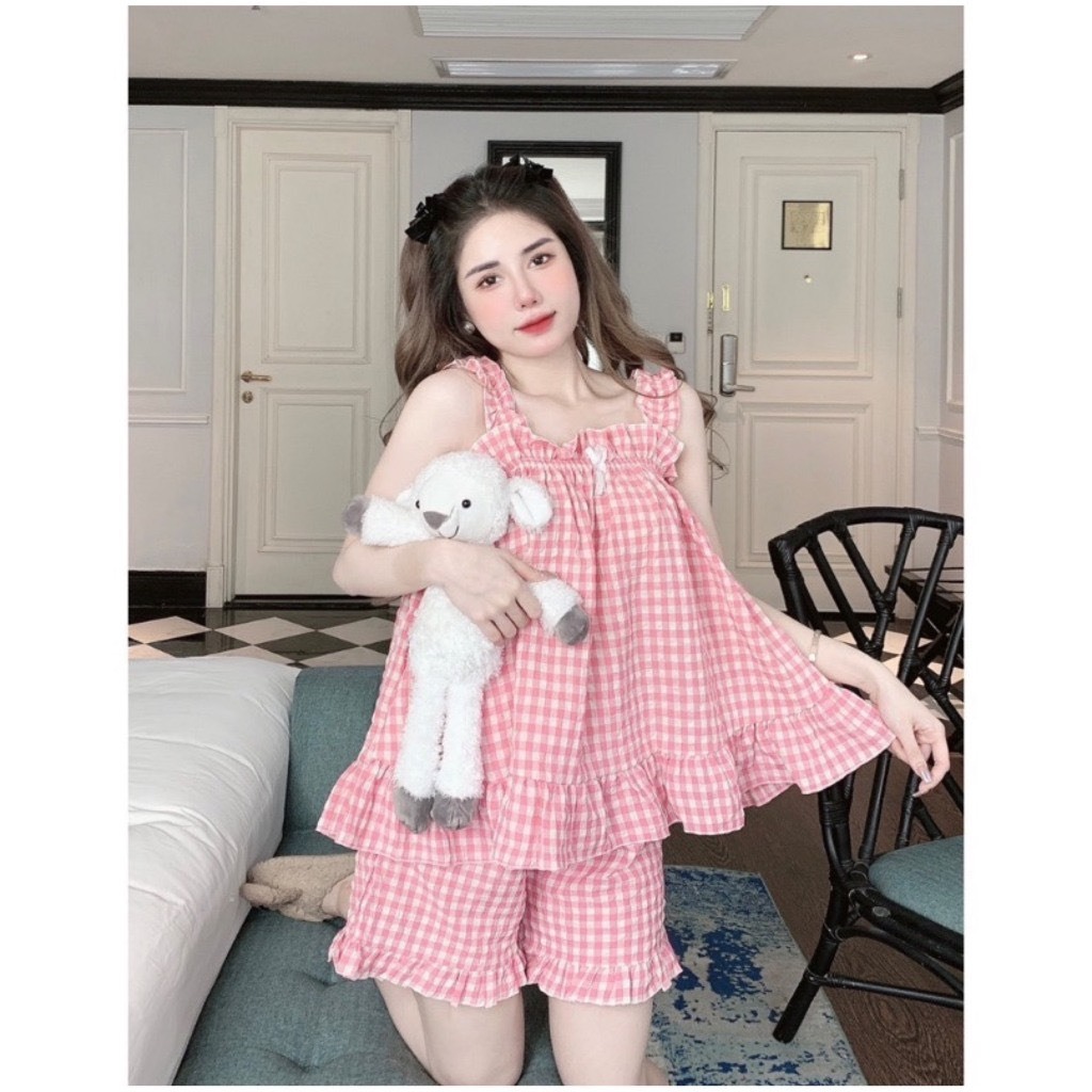 Bộ 2 dây, set hai dây BẢN TO dễ thương hoạ tiết caro, bộ đồ ngủ nữ chất vải thoáng mát