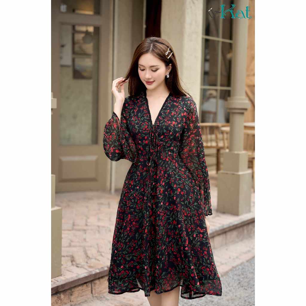 Đầm Hoa Đầm Clare The Kat House, vải chiffon Hàn, ôm vừa vặn, tôn dáng, xinh xắn dễ thương