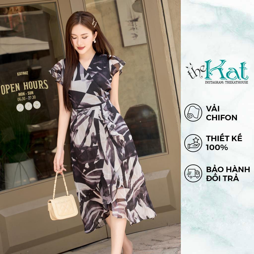 Đầm Cổ Chéo Nhún Bèo The Kat House, vải chiffon Hàn, ôm vừa vặn, tôn dáng, xinh xắn dễ thương