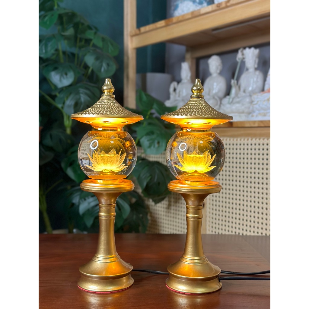 Ảnh Đèn Thờ Hoa Sen Pha Lê Hình Cầu, Kiểu Mái Ngói, Thân Hợp Kim Nhôm Sơn Đồng, Đèn Thờ Led - Tuệ Nga 4
