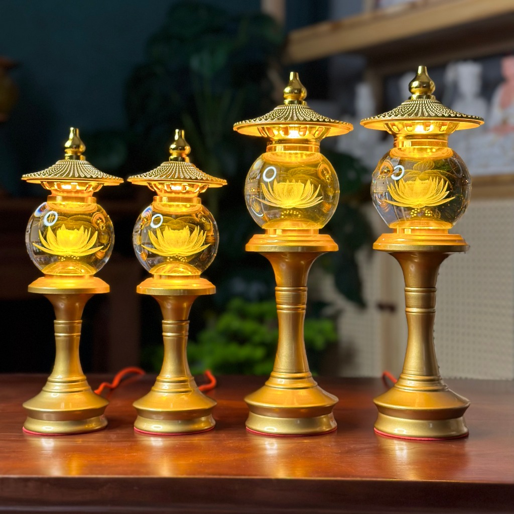 Ảnh Đèn Thờ Hoa Sen Pha Lê Hình Cầu, Kiểu Mái Ngói, Thân Hợp Kim Nhôm Sơn Đồng, Đèn Thờ Led - Tuệ Nga 1